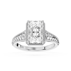 White gold radiant cut lab grown diamond engagement ring featuring detailed filigree shoulders and a four prong setting