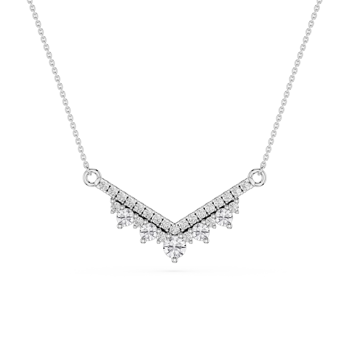 Silver necklace with a V-shaped pendant on a white background