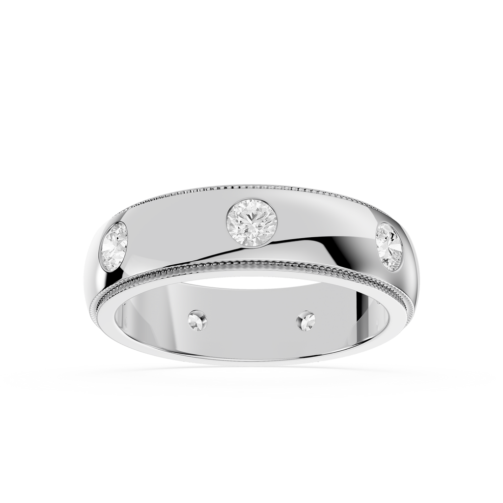 Silver ring with embedded diamonds on a white background