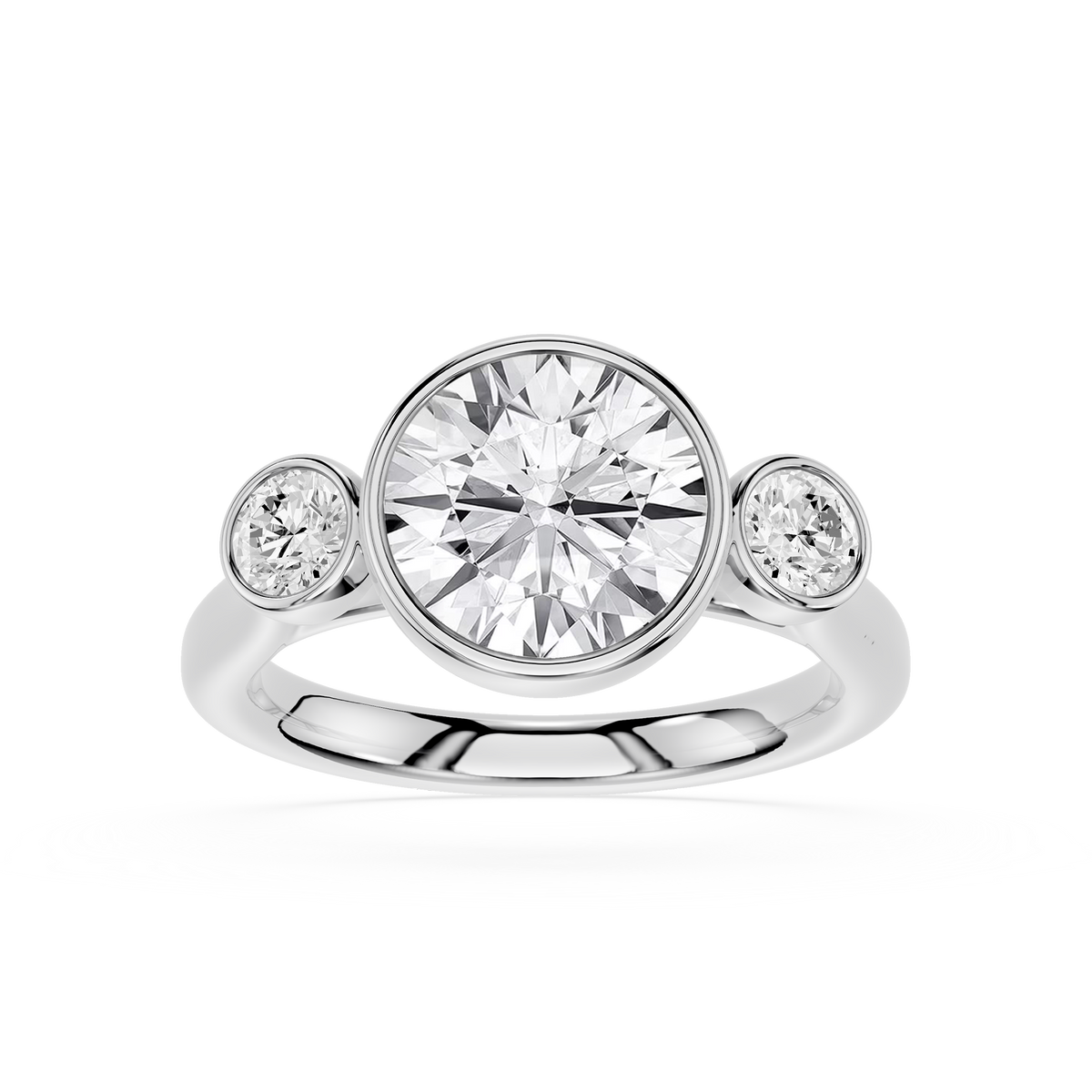 White gold engagement ring featuring a bezel set round lab created diamond and matching accent stones, fine jewelry for women