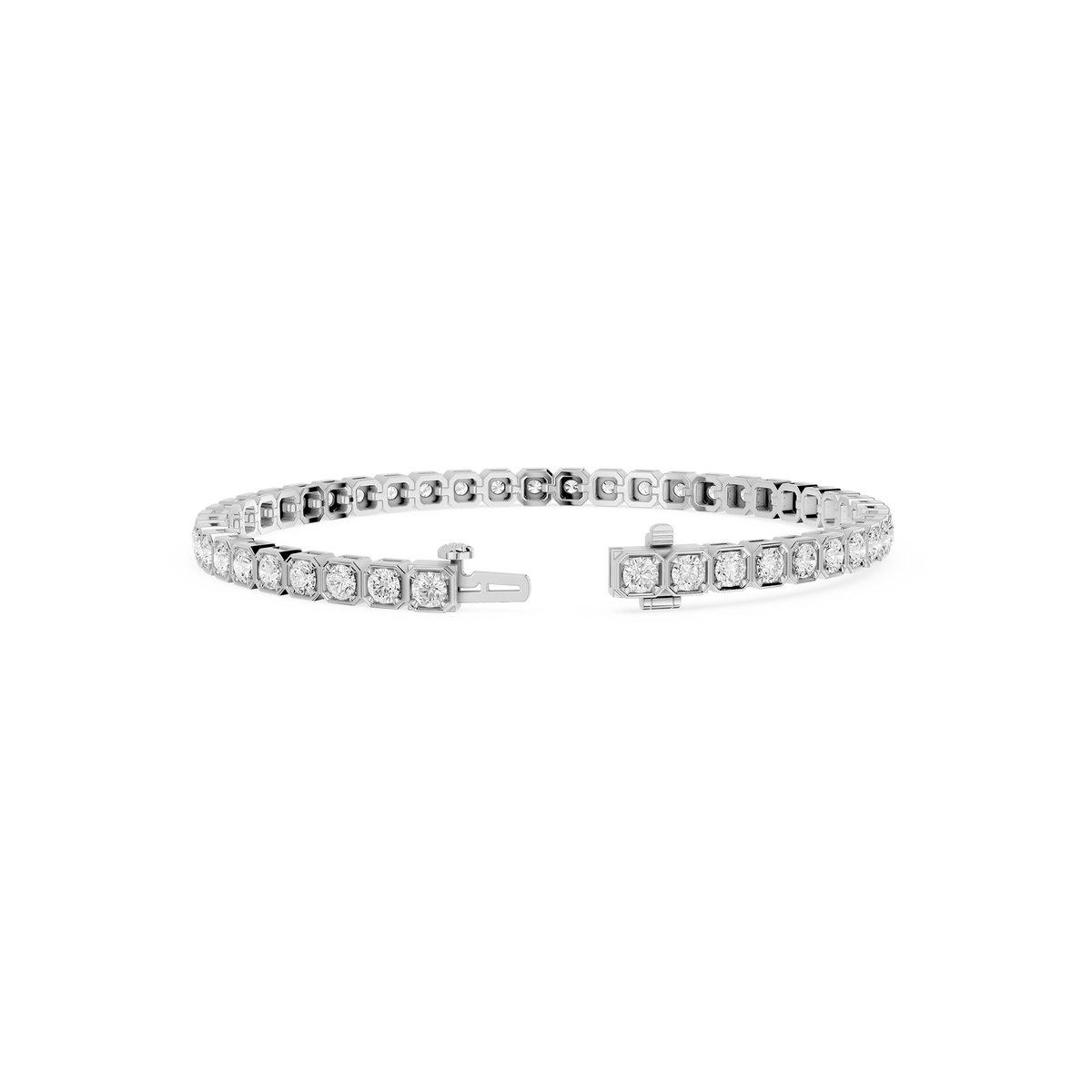 Round Cut Lab Grown Diamond Tennis Bracelet in White Gold with Open Box Clasp View