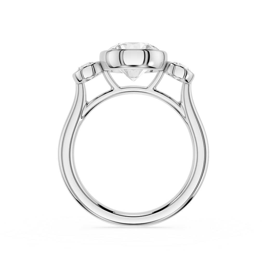 Diamond ring with a central triangle-shaped diamond and smaller diamonds on the sides on a white background