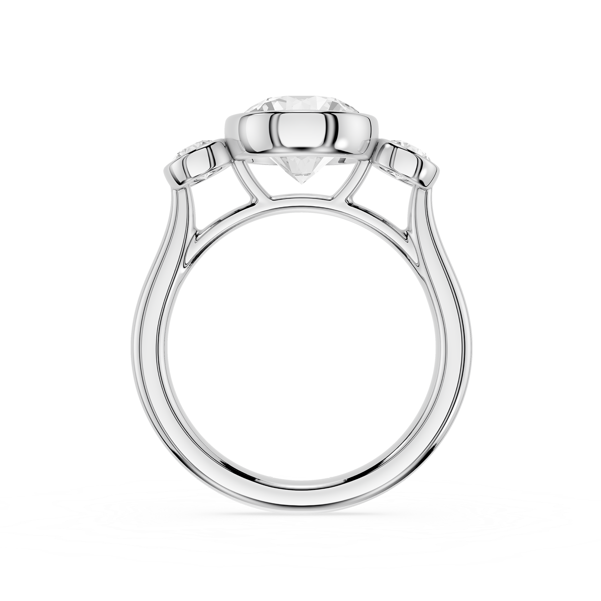 Diamond ring with a central triangle-shaped diamond and smaller diamonds on the sides on a white background