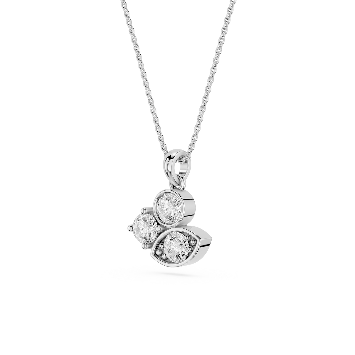 Silver necklace with a double diamond pendant on a white background