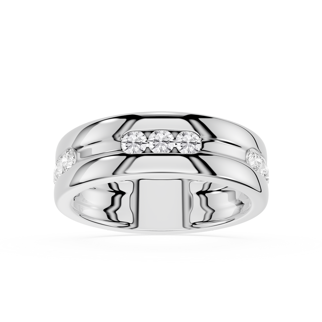 Front View Of White Gold Round Cut Lab Grown Diamond Flush Set Men’s Wedding Band