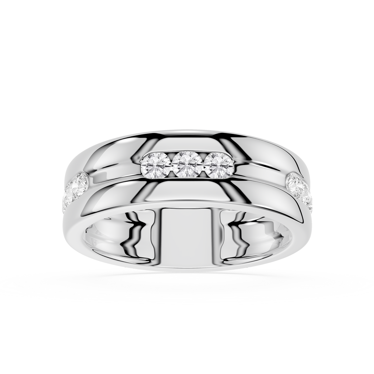 Front View Of White Gold Round Cut Lab Grown Diamond Flush Set Men’s Wedding Band