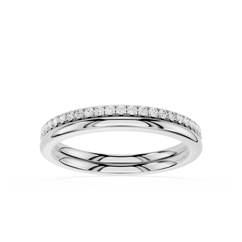 A silver-colored diamond eternity band ring, featuring a row of small round-cut diamonds set along the top edge of a polished band, shown on a clean white background.