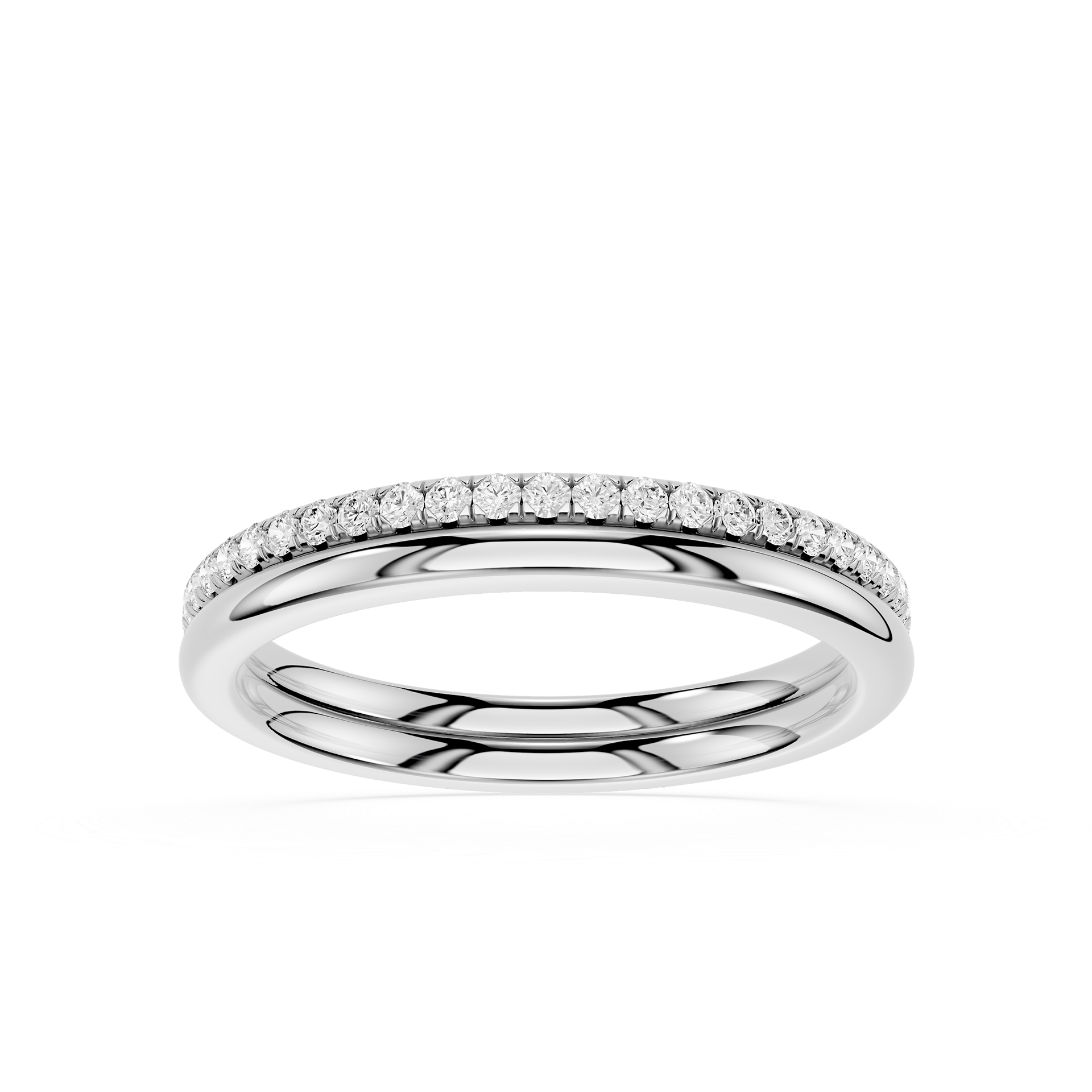 A silver-colored diamond eternity band ring, featuring a row of small round-cut diamonds set along the top edge of a polished band, shown on a clean white background.
