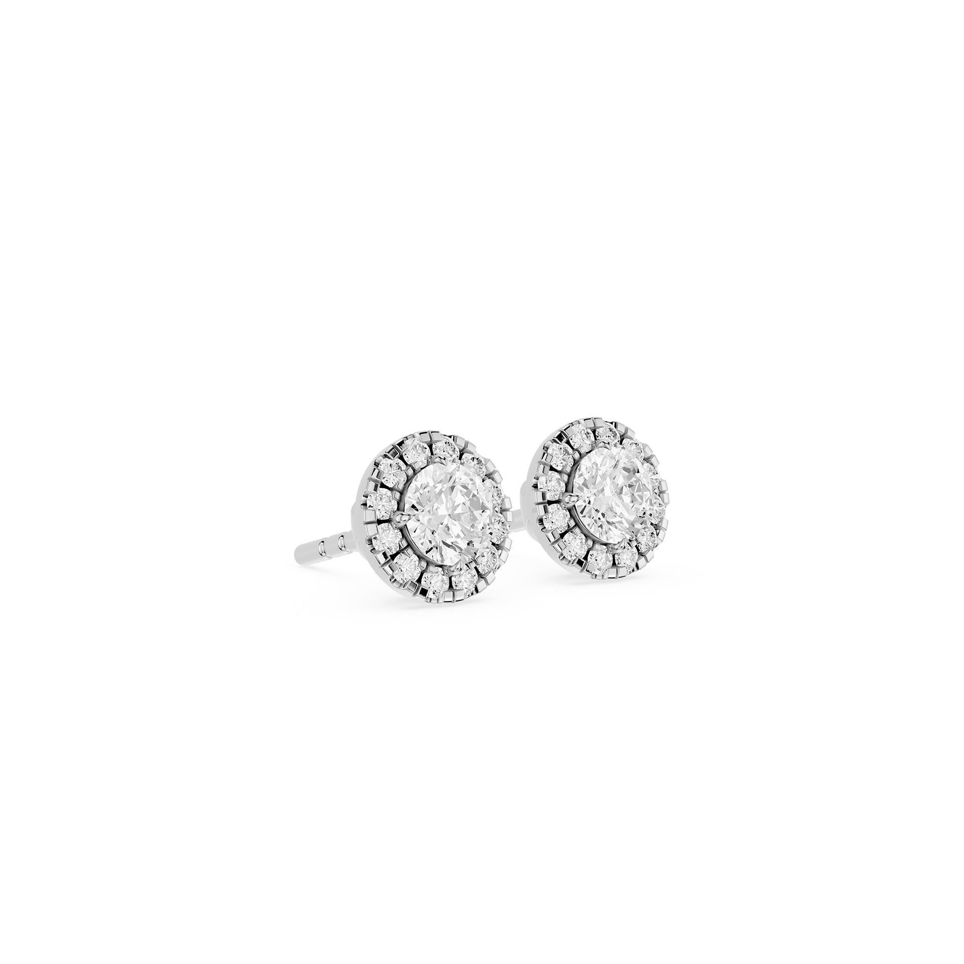 Pair of silver earrings with clear gemstones on a white background