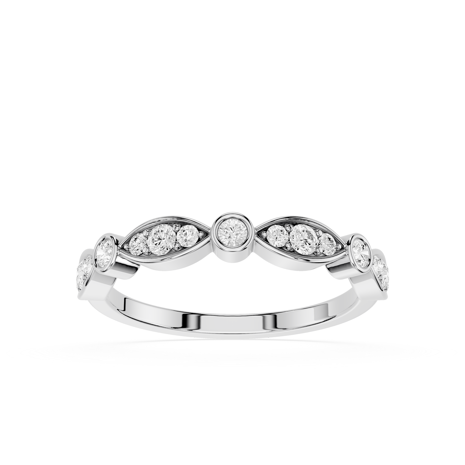 Silver ring with diamond stones on a white background
