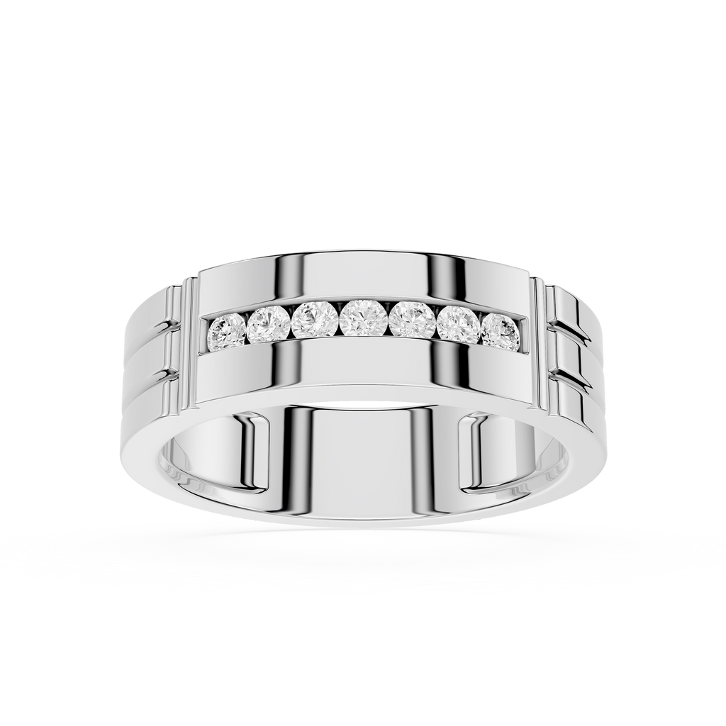 Silver ring with embedded diamonds on a white background