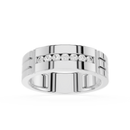 Silver ring with embedded diamonds on a white background