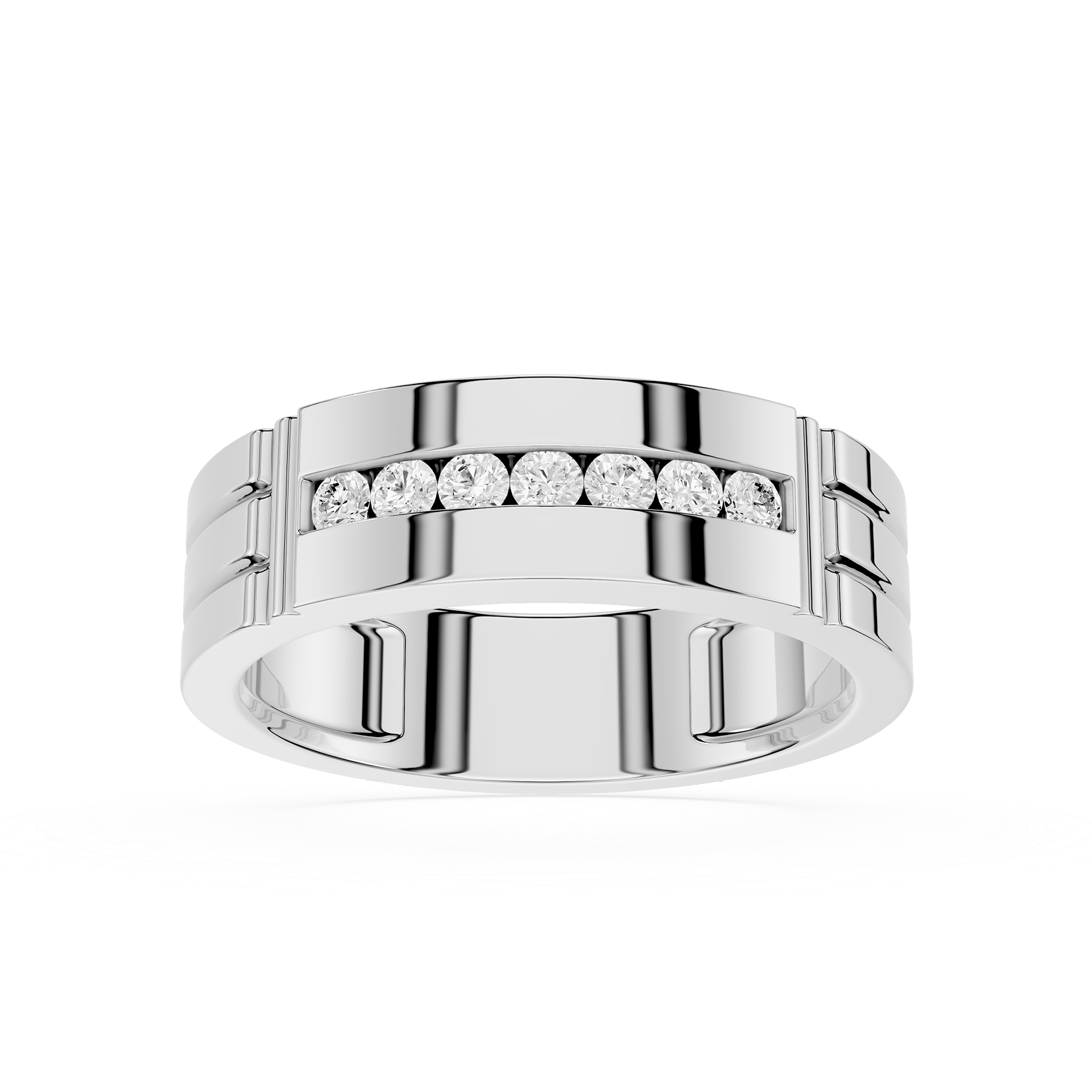 Silver ring with embedded diamonds on a white background