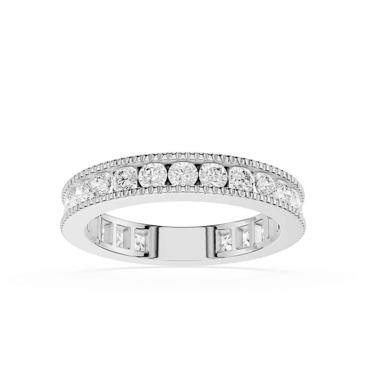 White Gold Diamond Anniversary Band featuring round diamonds arranged in a clean channel set profile with detailed milgrain accents. Suitable for stacking and daily wear.