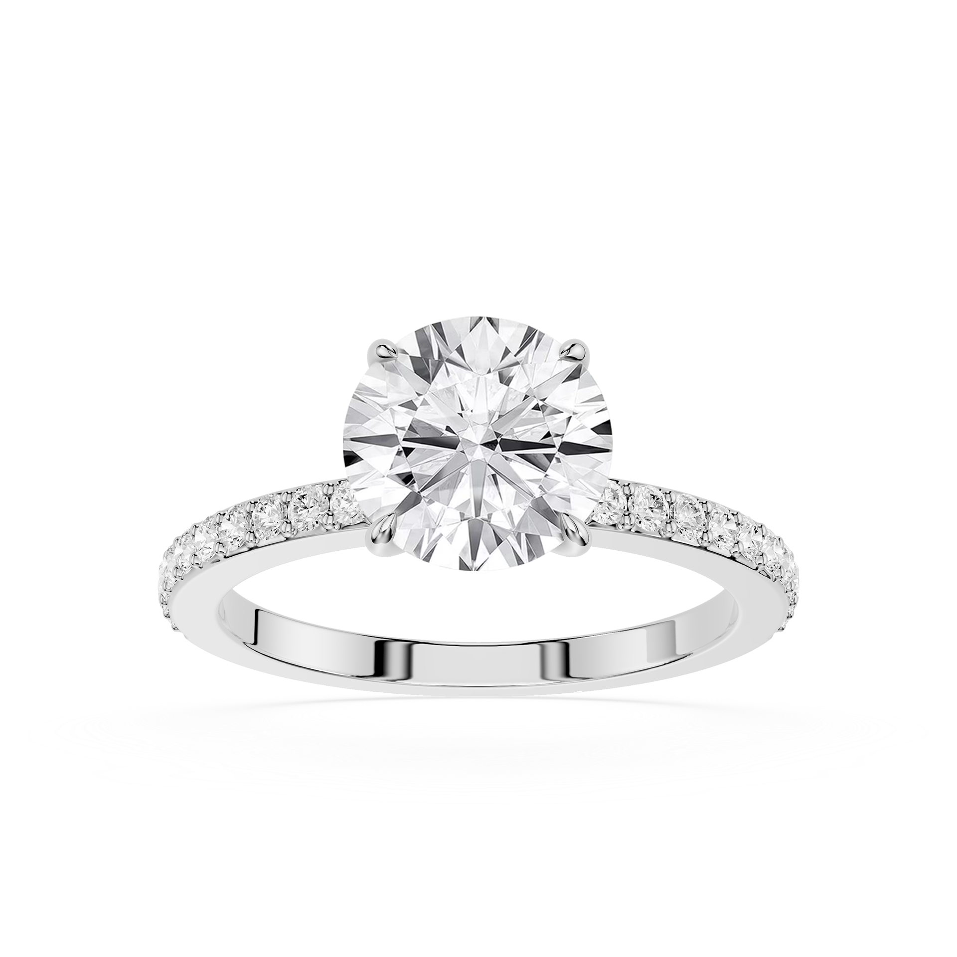 A round-cut diamond engagement ring with a brilliant solitaire center stone and a pavé-set diamond band in a silver-toned metal, shown on a plain white background.