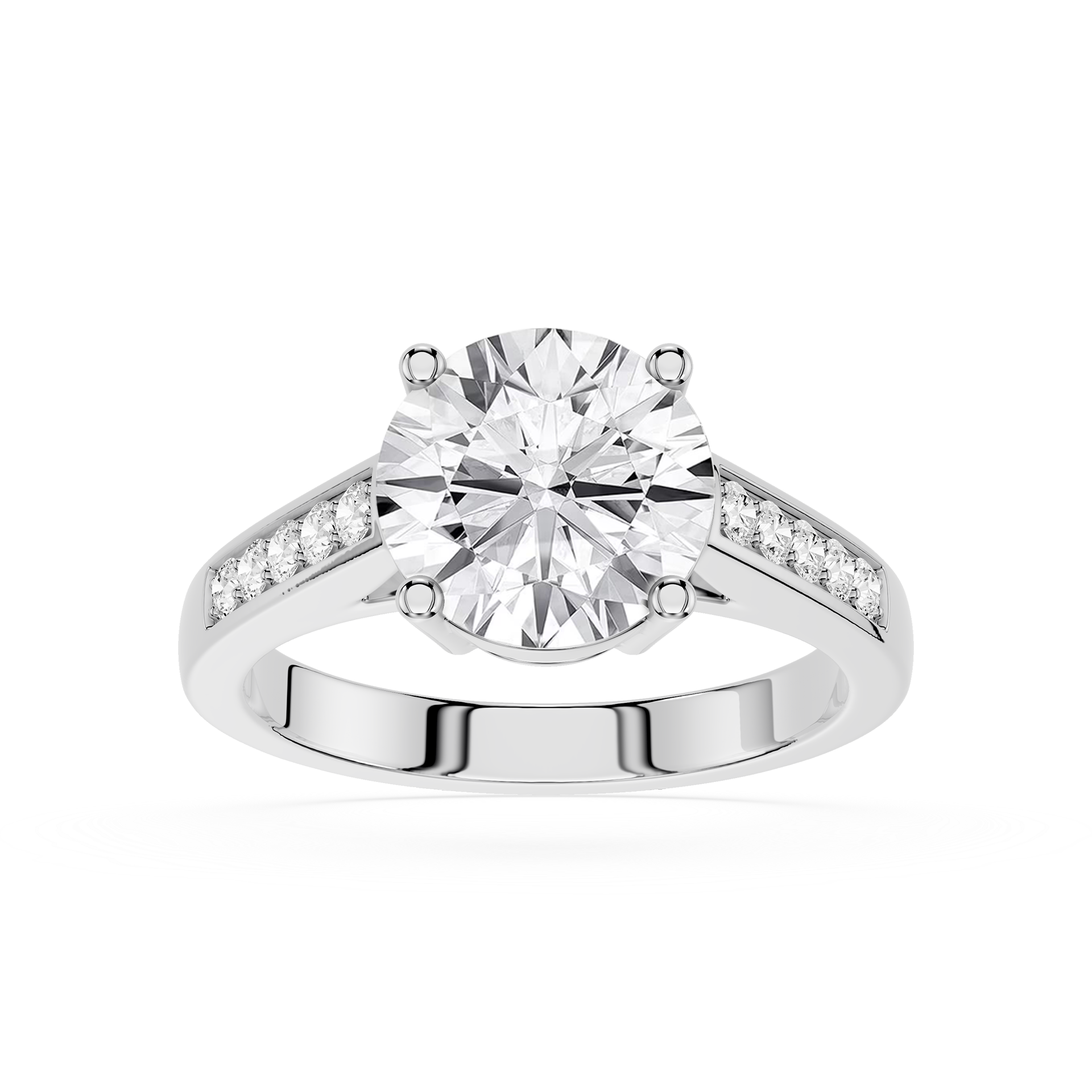 A round-cut diamond solitaire engagement ring with a silver-colored band featuring pavé-set diamonds on the shoulders, shown on a clean white background.