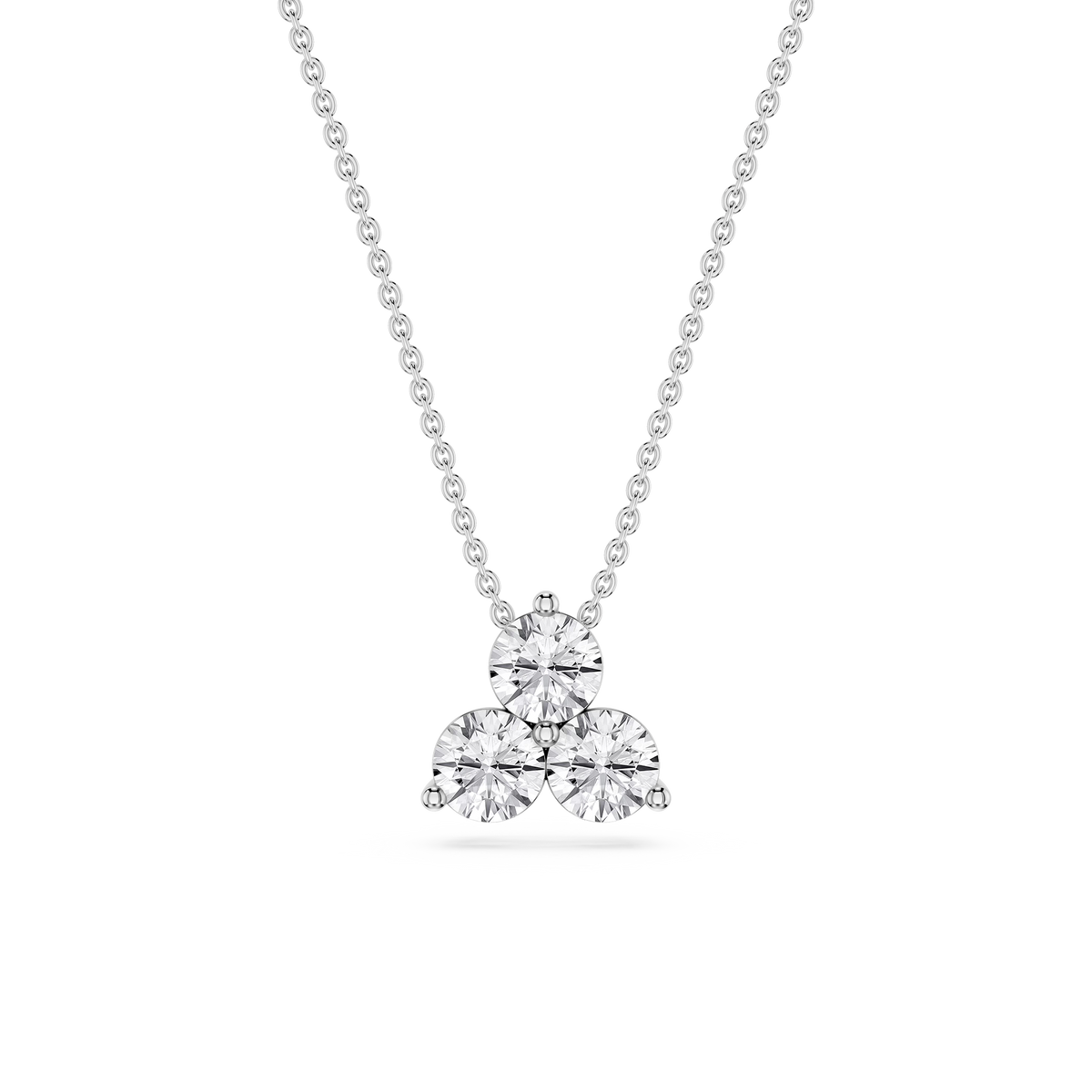 White Gold Lab Grown Diamond Three Stone Cluster Necklace with brilliant round diamonds for a clean, elegant fine jewelry look.