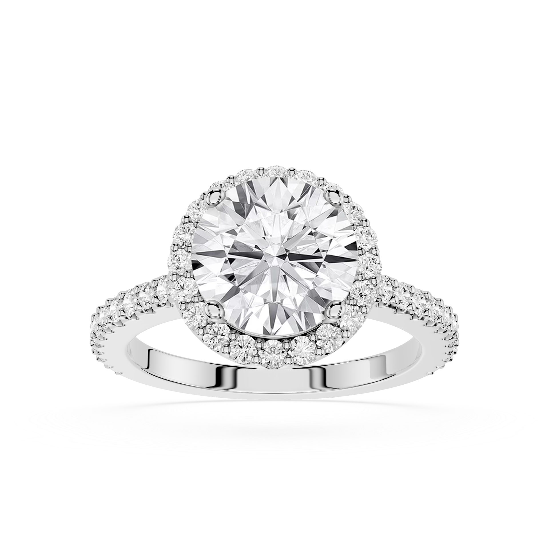 Diamond ring with a halo of smaller diamonds on a white background