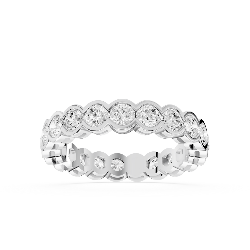 White gold scalloped bezel lab grown diamond eternity ring featuring round cut diamonds set around the entire band