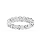 White gold scalloped bezel lab grown diamond eternity ring featuring round cut diamonds set around the entire band