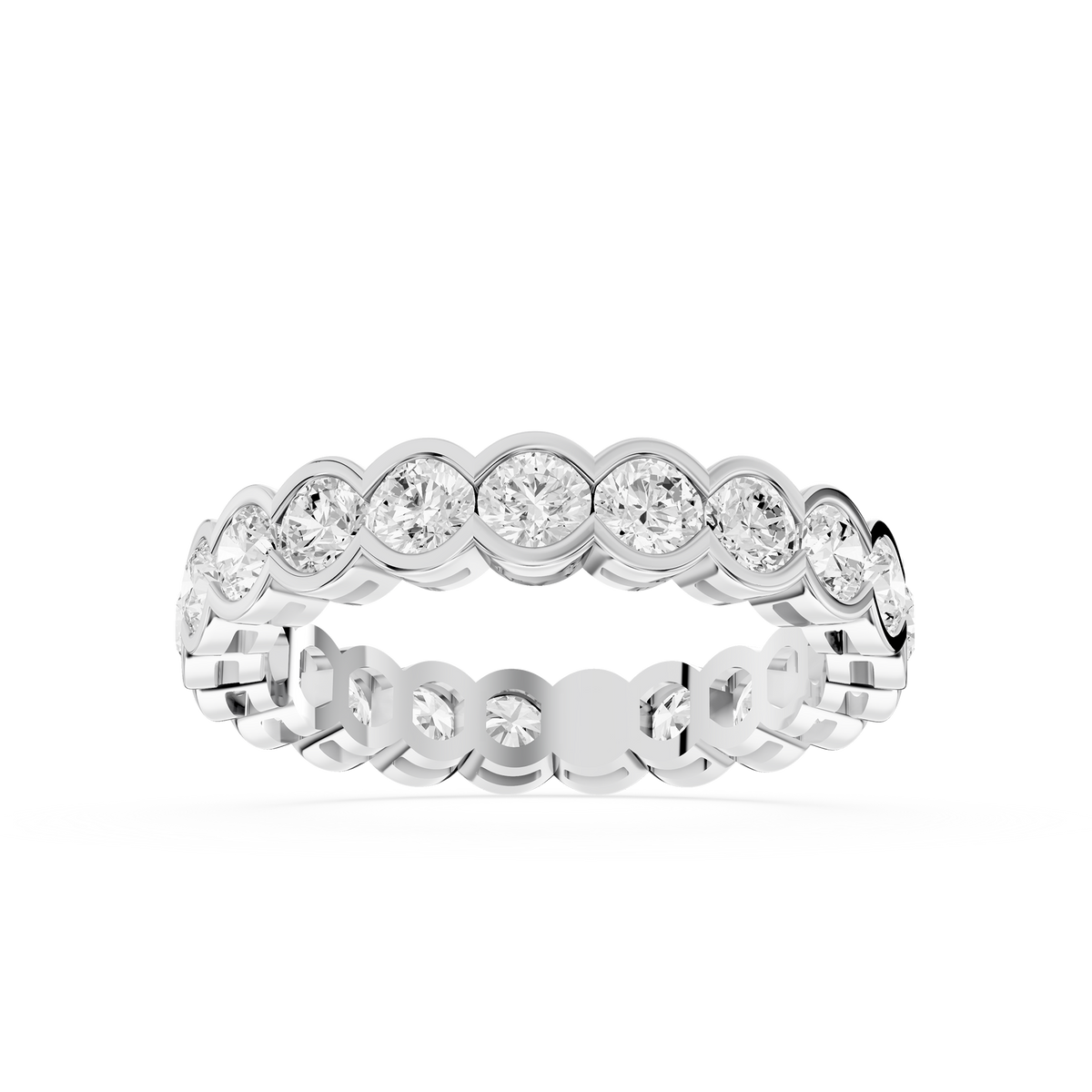 White gold scalloped bezel lab grown diamond eternity ring featuring round cut diamonds set around the entire band