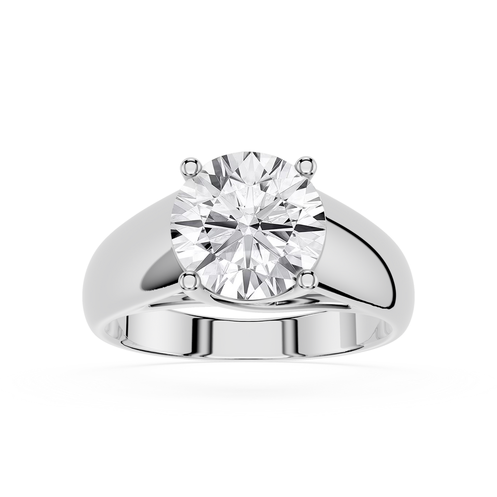 Silver ring with a large diamond on a white background