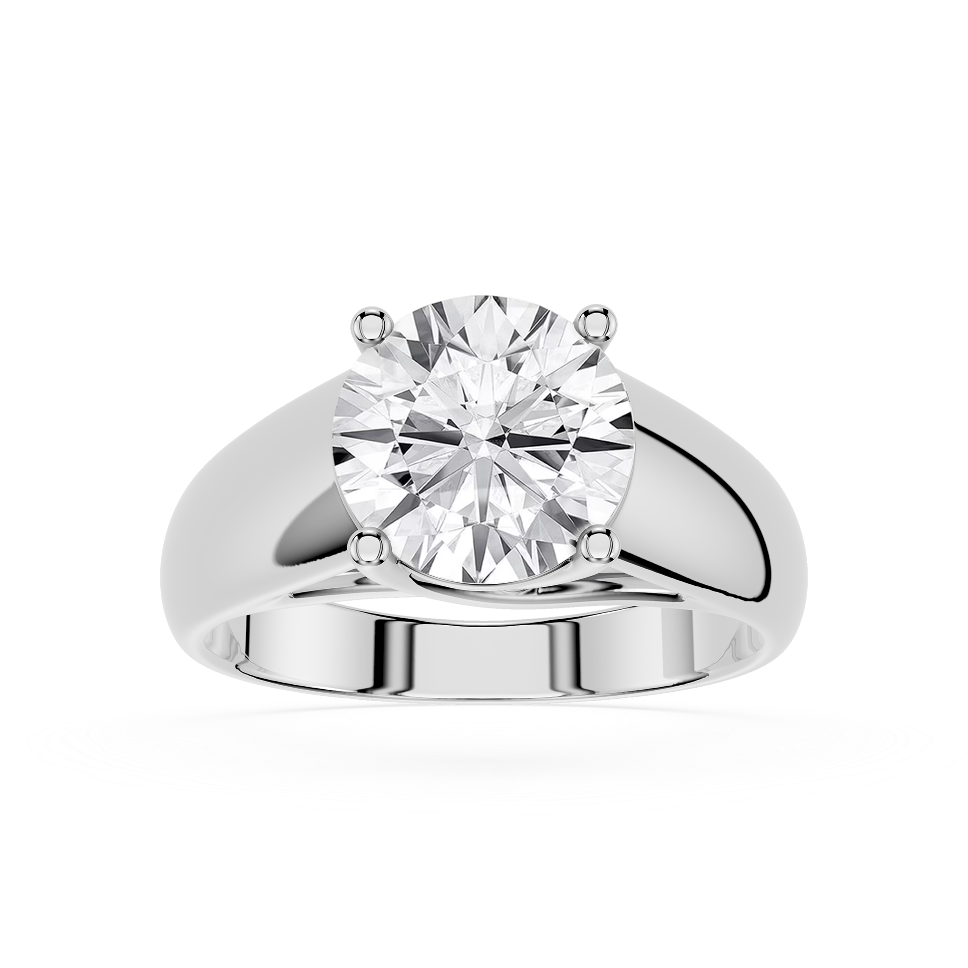 Silver ring with a large diamond on a white background