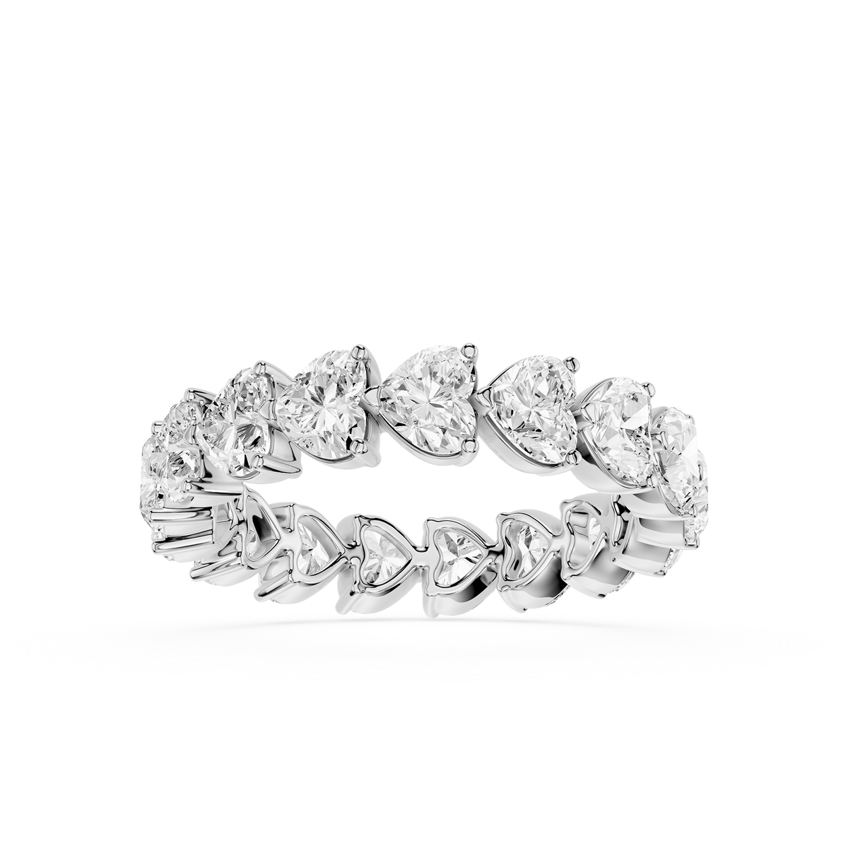 Heart Shape Diamond Eternity Ring in White Gold with lab grown diamonds arranged in a continuous full eternity band for bridal wear.