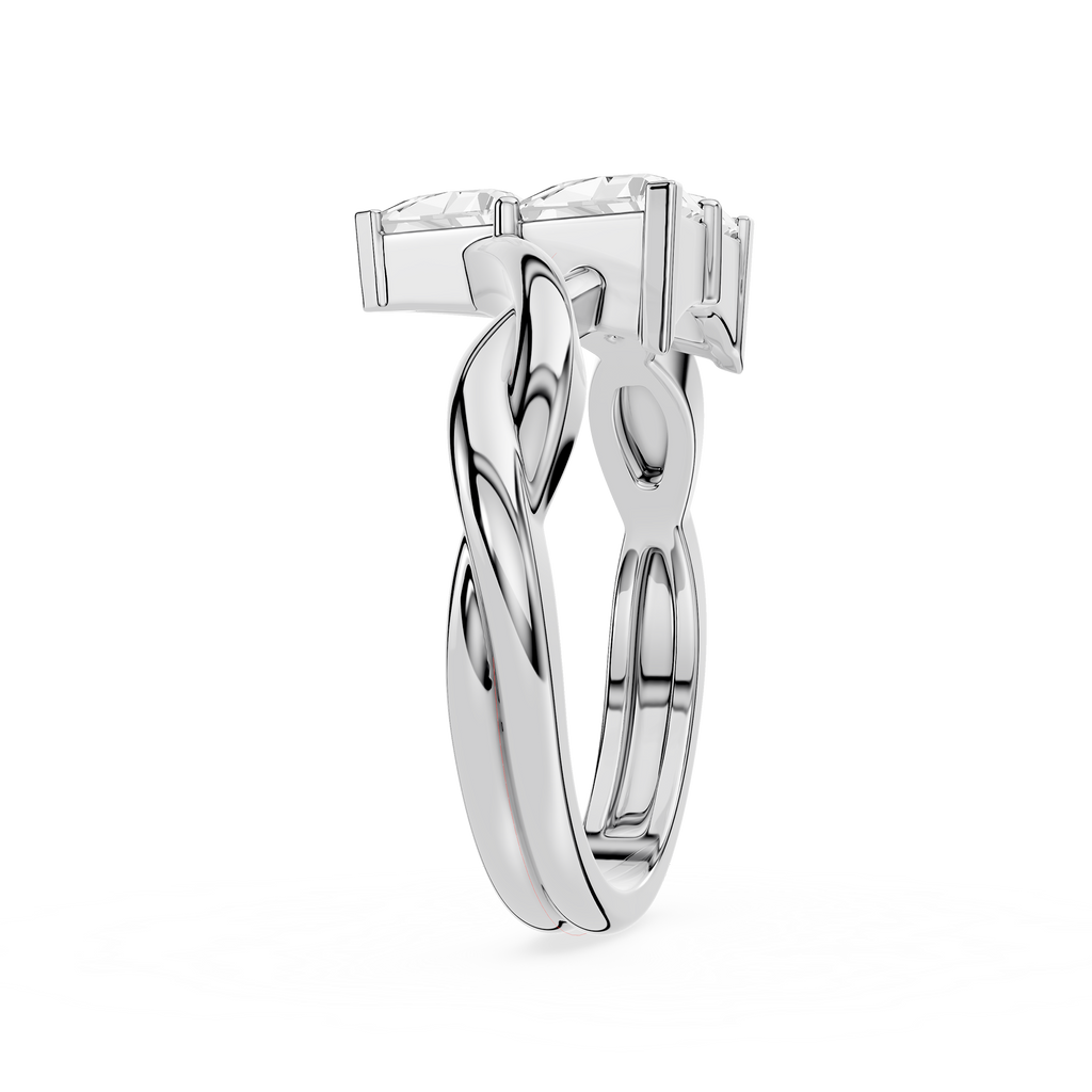 Silver ring with a twisted design on a white background