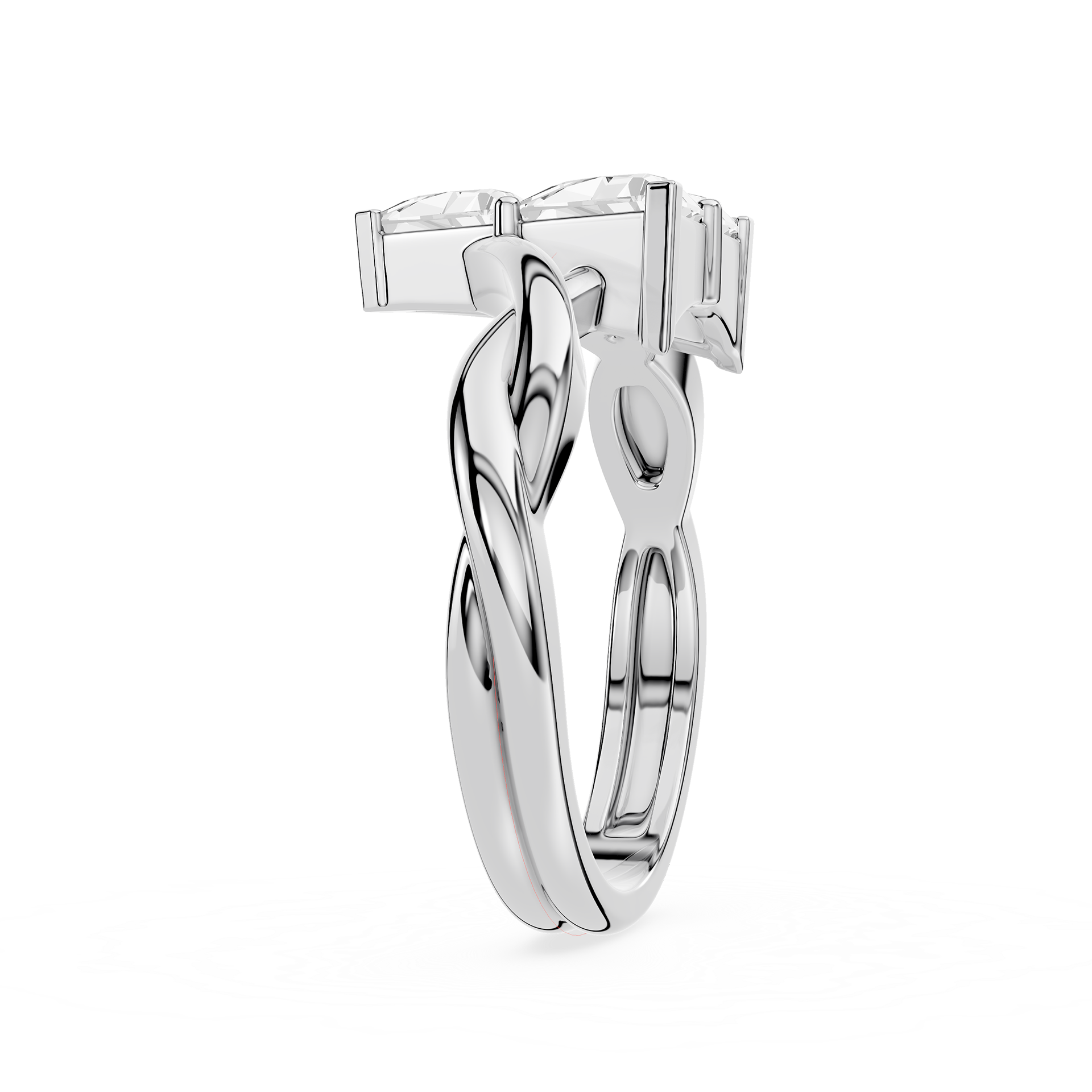 Silver ring with a twisted design on a white background