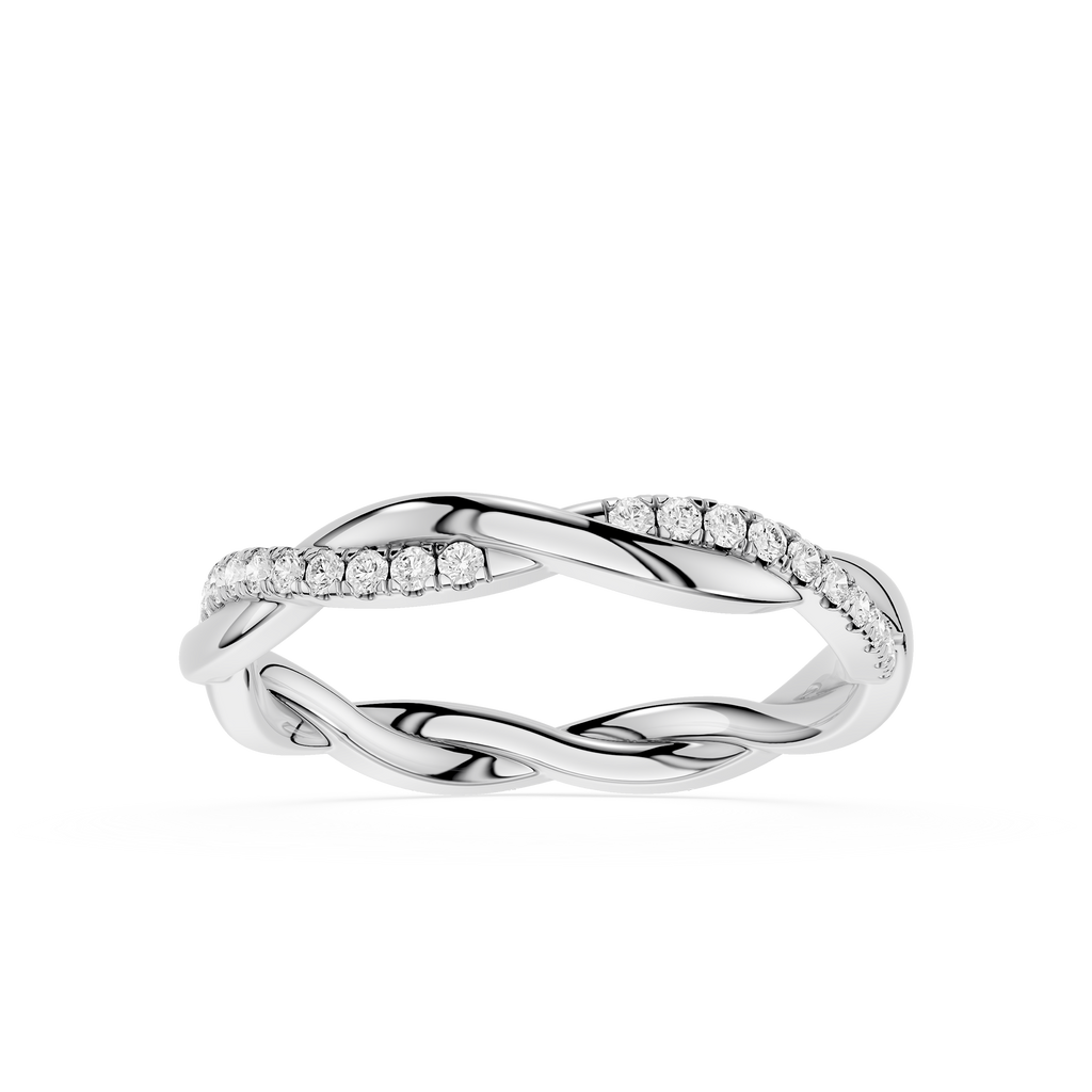 Silver ring with diamond accents on a white background