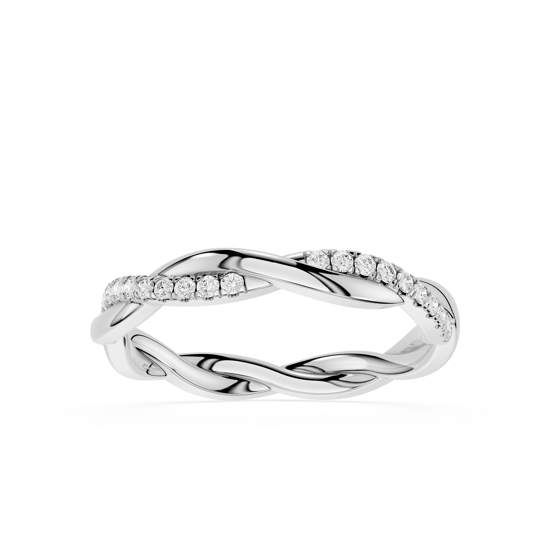Silver ring with diamond accents on a white background