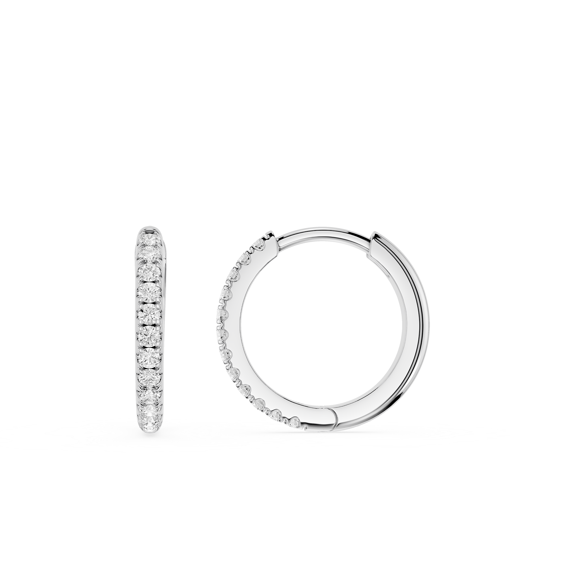 Silver hoop earrings with embedded stones on a white background