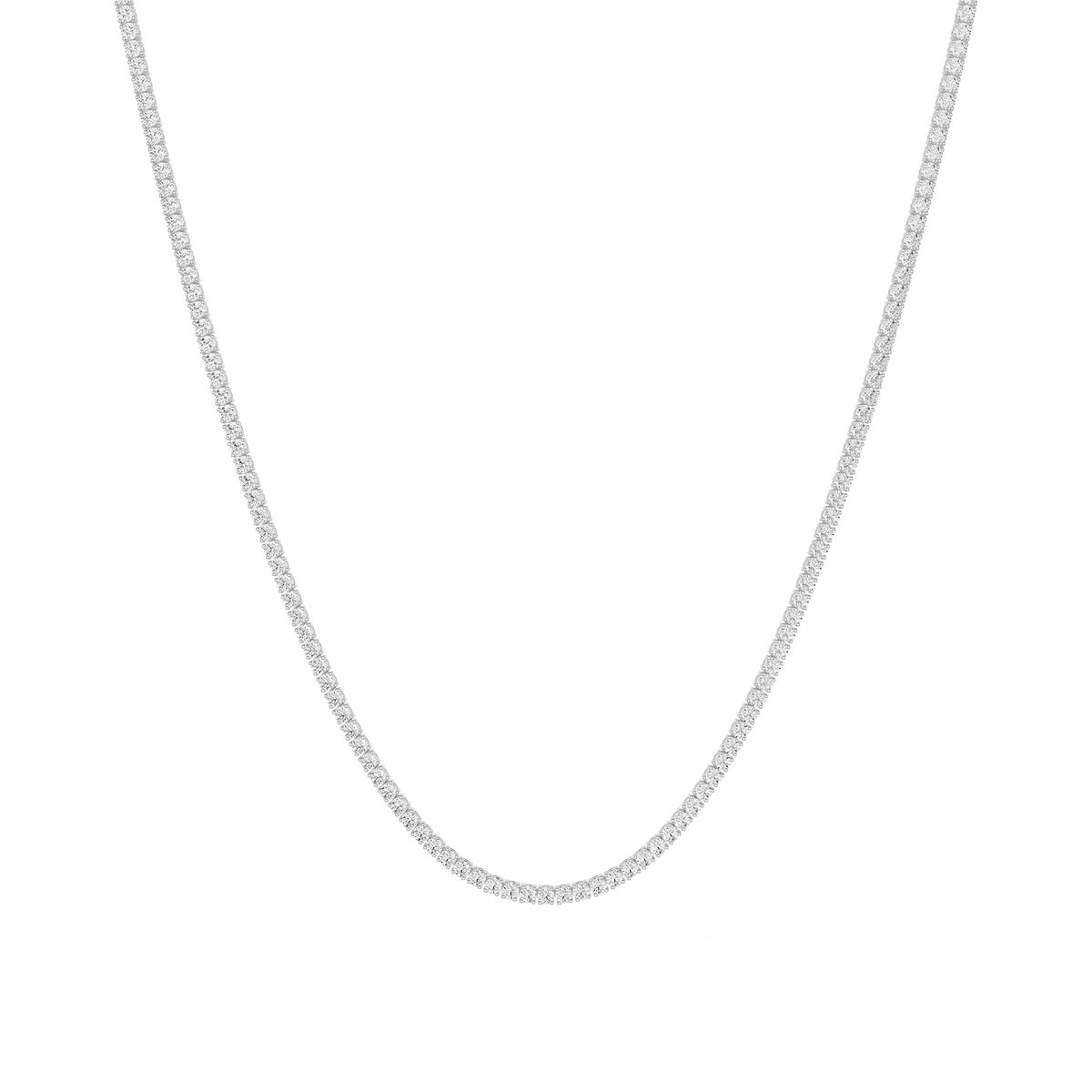 White gold round lab-grown diamond tennis necklace featuring a classic graduated curve and prong-set round diamonds arranged in a continuous strand.