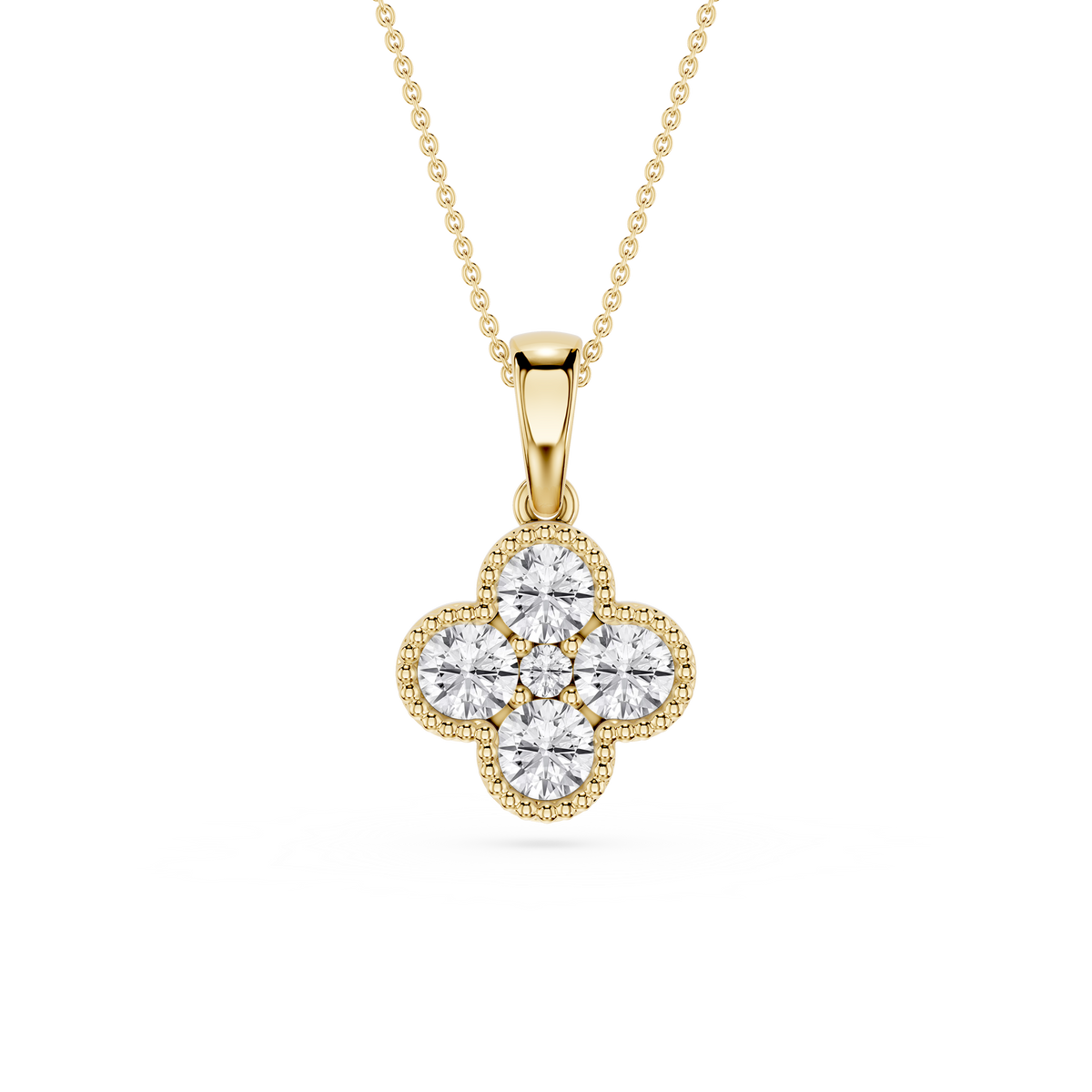 Yellow Gold Lab Grown Diamond Clover Pendant featuring four brilliant round diamonds, delicate milgrain detailing, and a sparkling center stone.