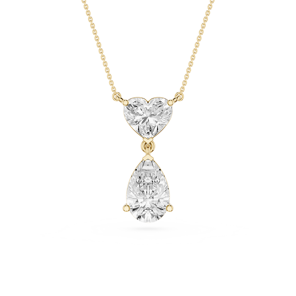 Diamond necklace with heart and teardrop pendants on a white background