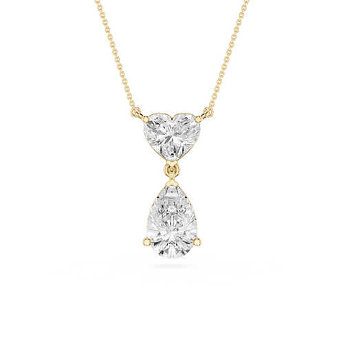 Diamond necklace with heart and teardrop pendants on a white background