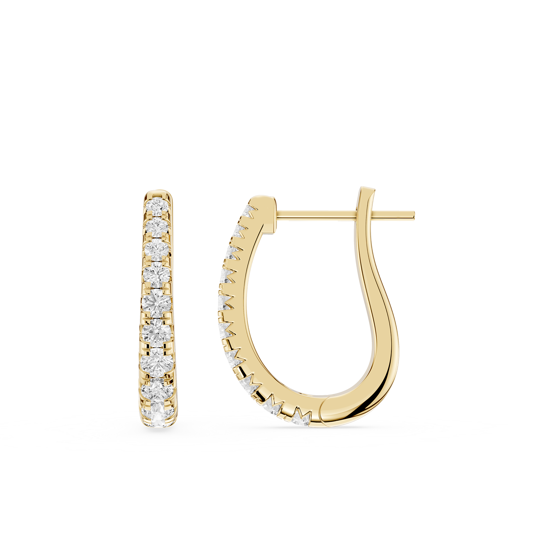 Gold hoop earrings with embedded diamonds on a white background