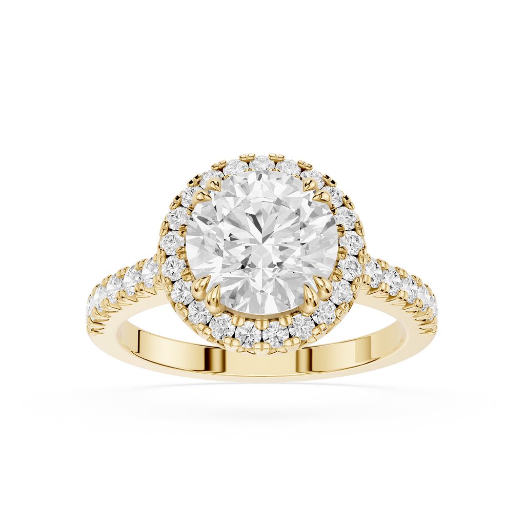 Front view of a yellow gold round cut lab grown diamond halo engagement ring featuring a round brilliant center stone, pavé diamond halo, and diamond-accented band.