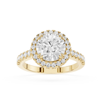 Front view of a yellow gold round cut lab grown diamond halo engagement ring featuring a round brilliant center stone, pavé diamond halo, and diamond-accented band.