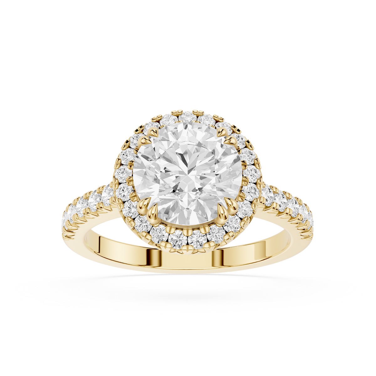 Front view of a yellow gold round cut lab grown diamond halo engagement ring featuring a round brilliant center stone, pavé diamond halo, and diamond-accented band.