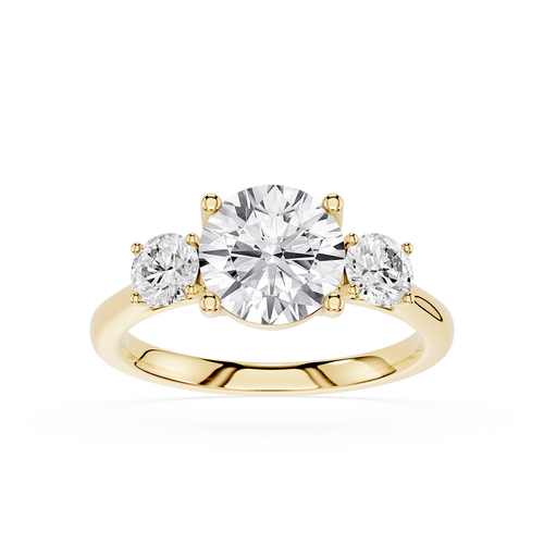 Three stone round diamond ring in yellow gold featuring a lab created center diamond, engagement ring for women