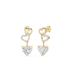 Gold heart-shaped earrings with clear gemstones on a white background