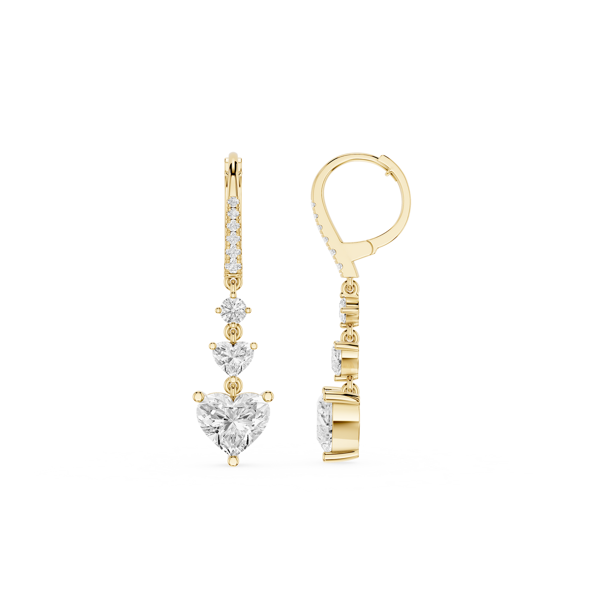 Yellow Gold Diamond Dangle Earrings with Heart Cut Center Stones and Round Accents