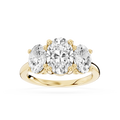 Yellow gold oval cut lab grown diamond three stone engagement ring featuring a larger center diamond and two oval side stones