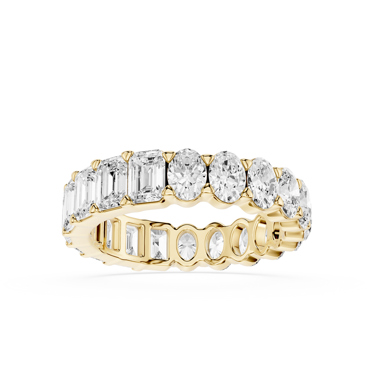 Emerald and oval lab grown diamond eternity band in yellow gold with alternating diamond shapes, wedding ring for women and anniversary gifts