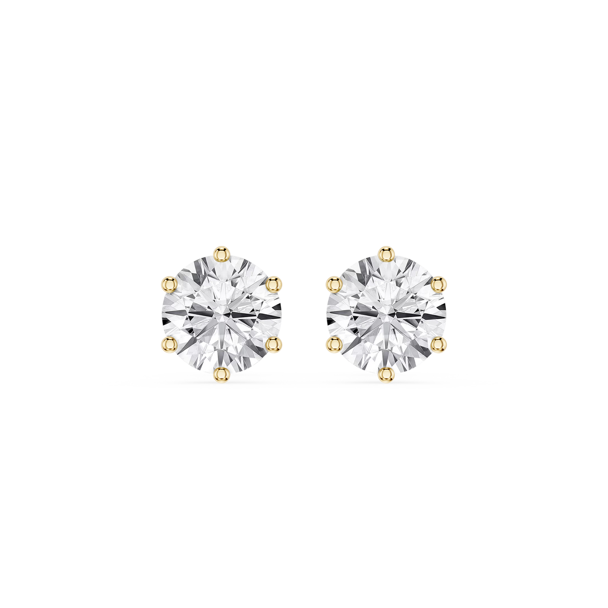 Round Cut Lab Diamond Stud Earrings in 14K Yellow Gold, classic six-prong basket setting with matching pair of solitaire diamonds, secure push-back design, everyday diamond earrings for women.
| mvp:YG:001 