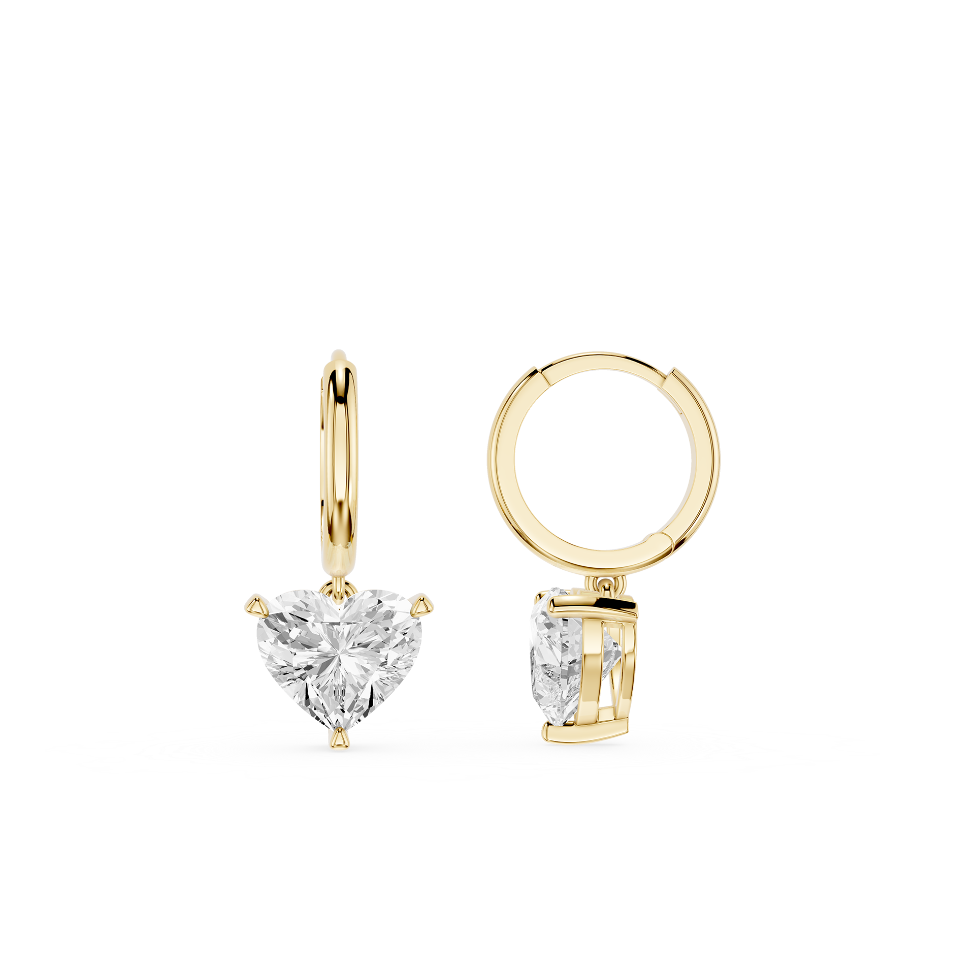 Gold hoop earrings with heart-shaped and rectangular cut gemstones on a white background