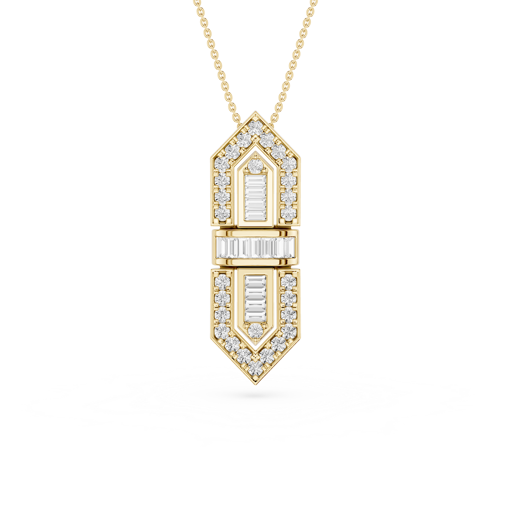 Gold necklace with a diamond pendant on a white background