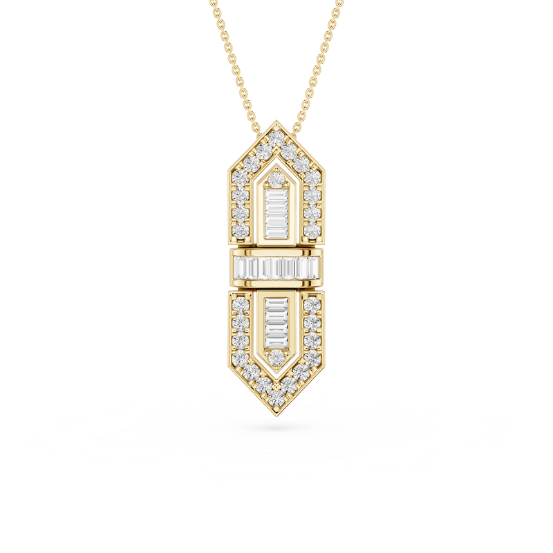Gold necklace with a diamond pendant on a white background